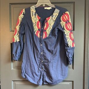 Blue and Red 3/4 Sleeve Button Down Shirt with Bib Collar